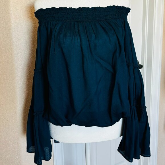Free people- teal/blue off the shoulder/strapless crop ruffle sleeves - Picture 1 of 4